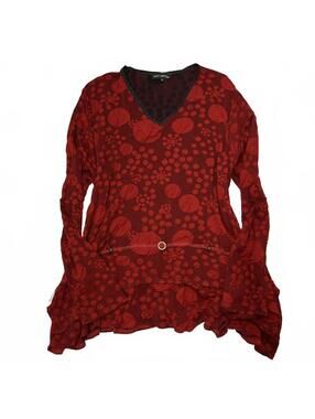 Y2K Euro Caty Lesca Red Dots Pattern Layered V Neck Long Sleeve Tunic L Whimsy